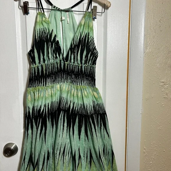 Free People XS Boho Halter Mini Dress Green Abstract Print Smocked Waist - Picture 2 of 15